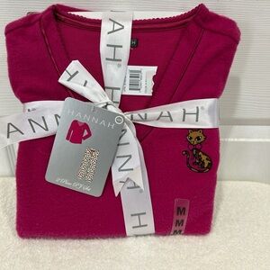 Hannah Fuchsia Pink V-Neck Pajamas with Cat Embroidery